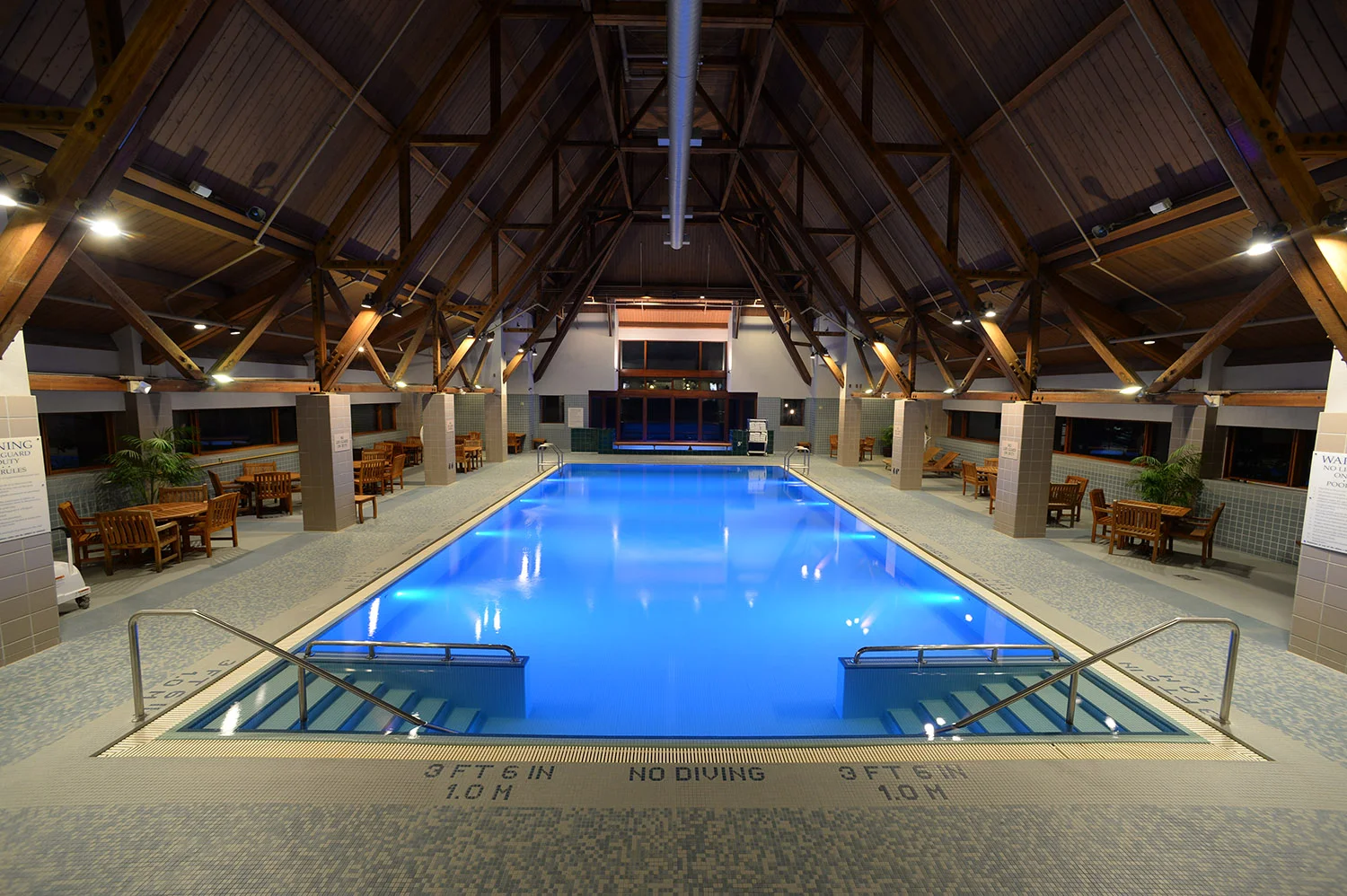 Resort amenities include an indoor heated 25 x 50 foot lap pool with vaulted wood beam ceilings.