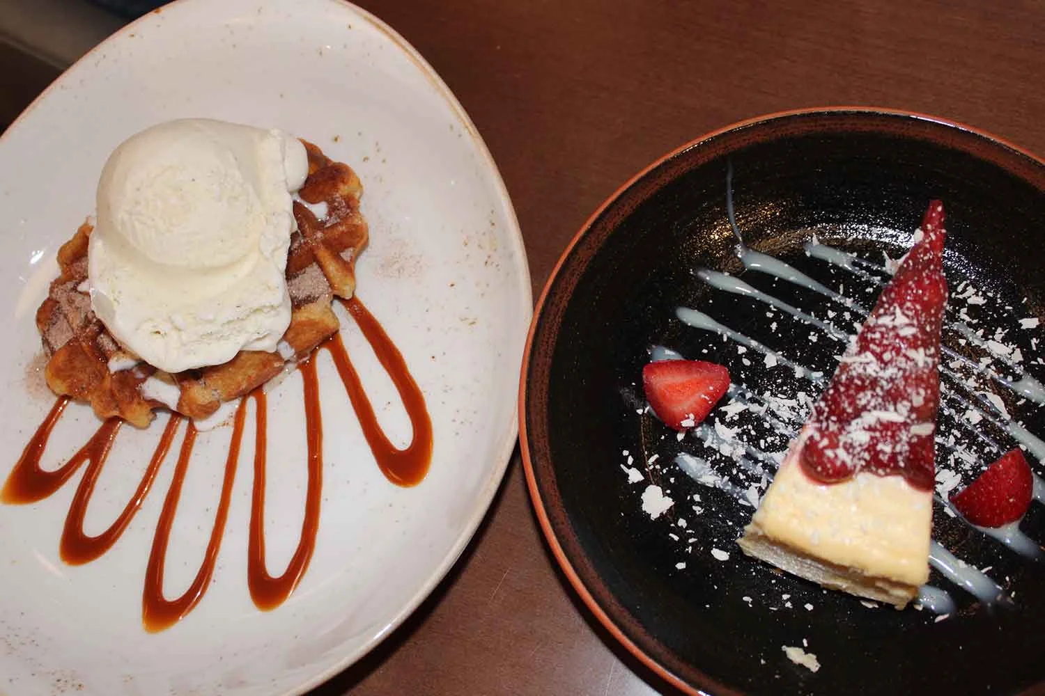 Churro Waffle and Gelato and Wild Strawberry Cheesecake.