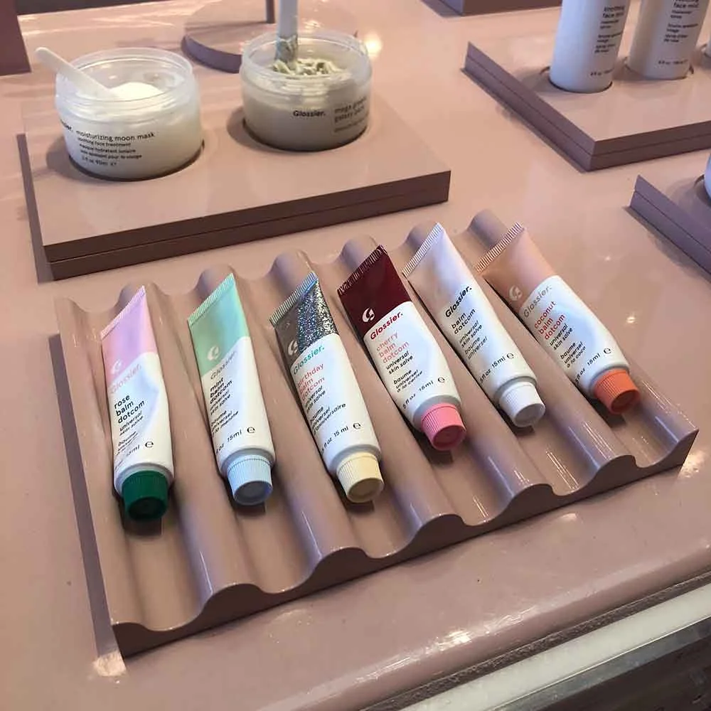 An assortment of Balm Dotcoms at the Glossier store in Los Angeles.