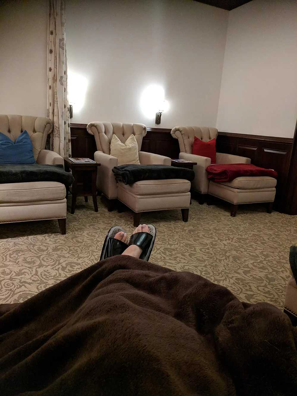 I could stay here all day! Kicking my feet up in the relaxation lounge pre-treatment.