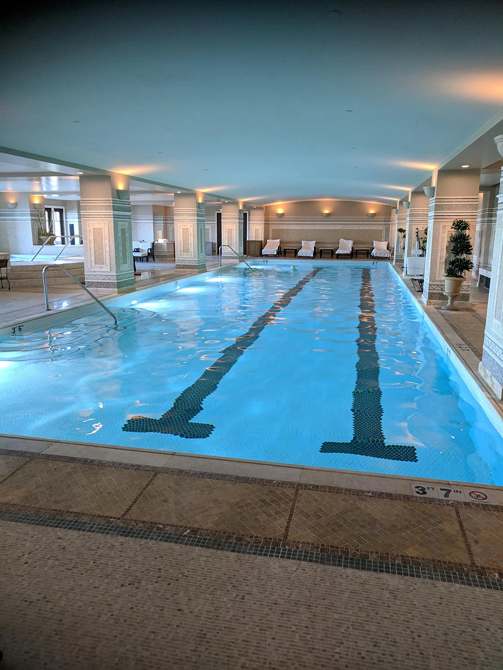 The co-ed indoor lap pool is designed with high-end mosaic.