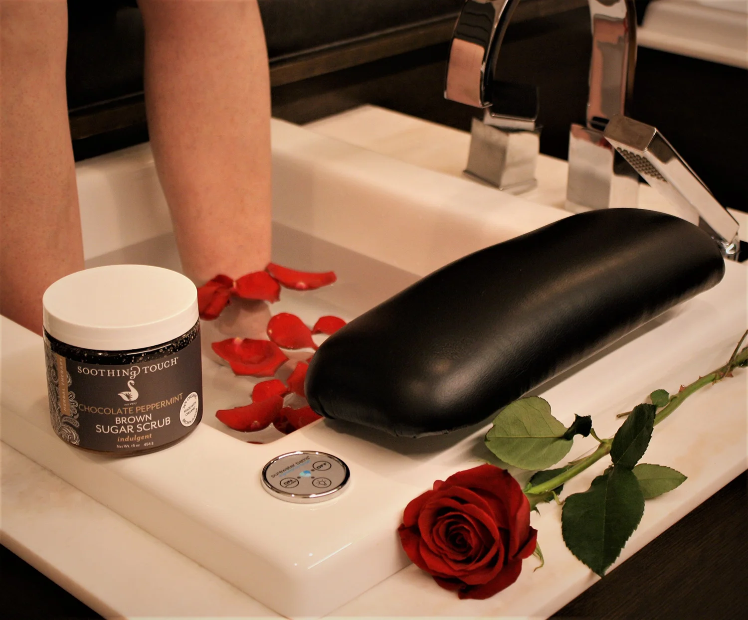 Pedicure with rose-infused waters and chocolate peppermint brown sugar scrub at The Spa at Lincolnshire.