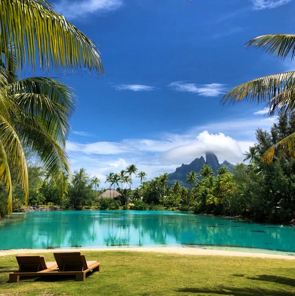The resort’s private saltwater lagoonarium offers stunning views of Mount Otemanu.