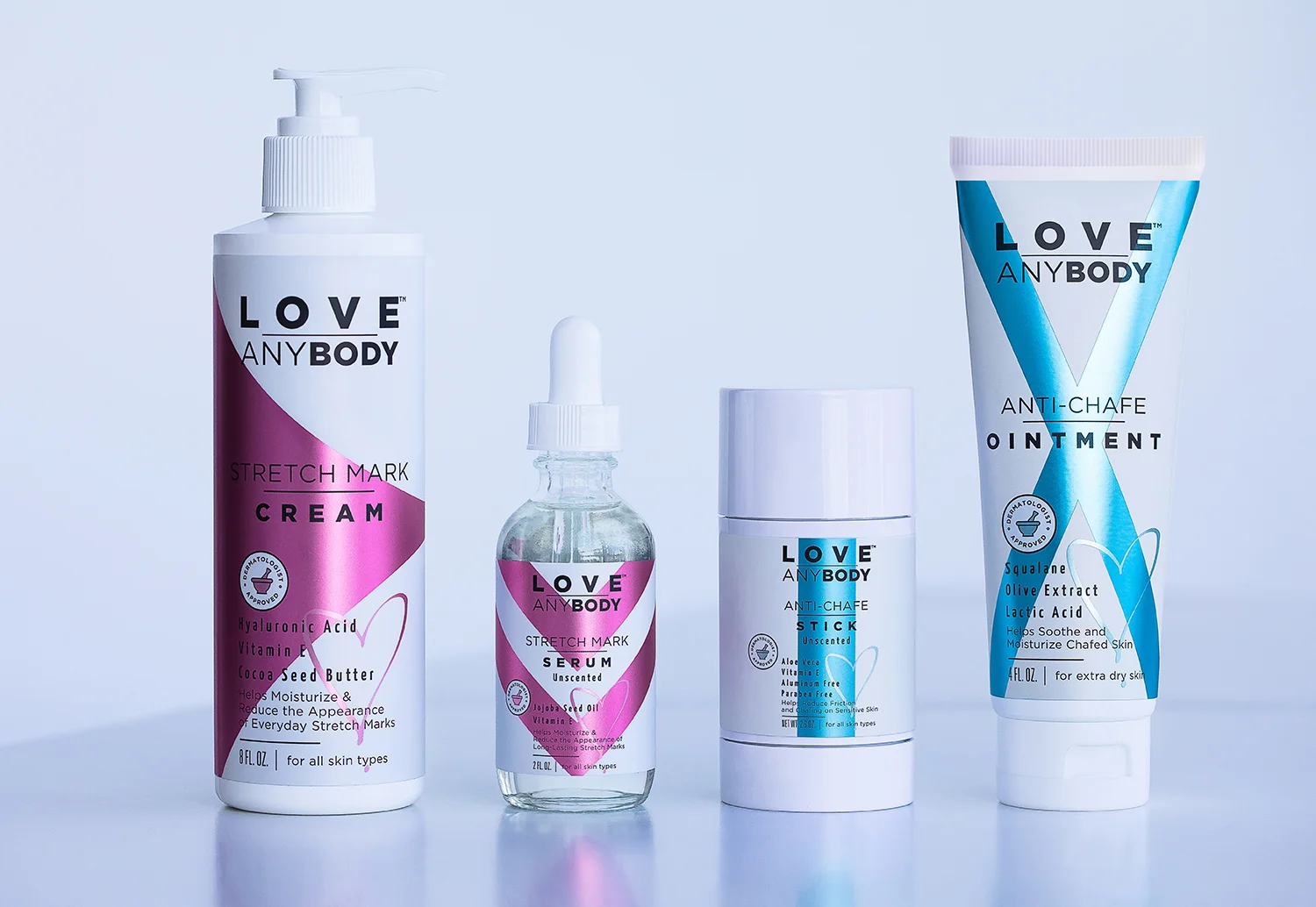 The new body care brand includes a stretch mark serum, stretch mark cream, anti-chafe stick, and anti-chafe ointment.