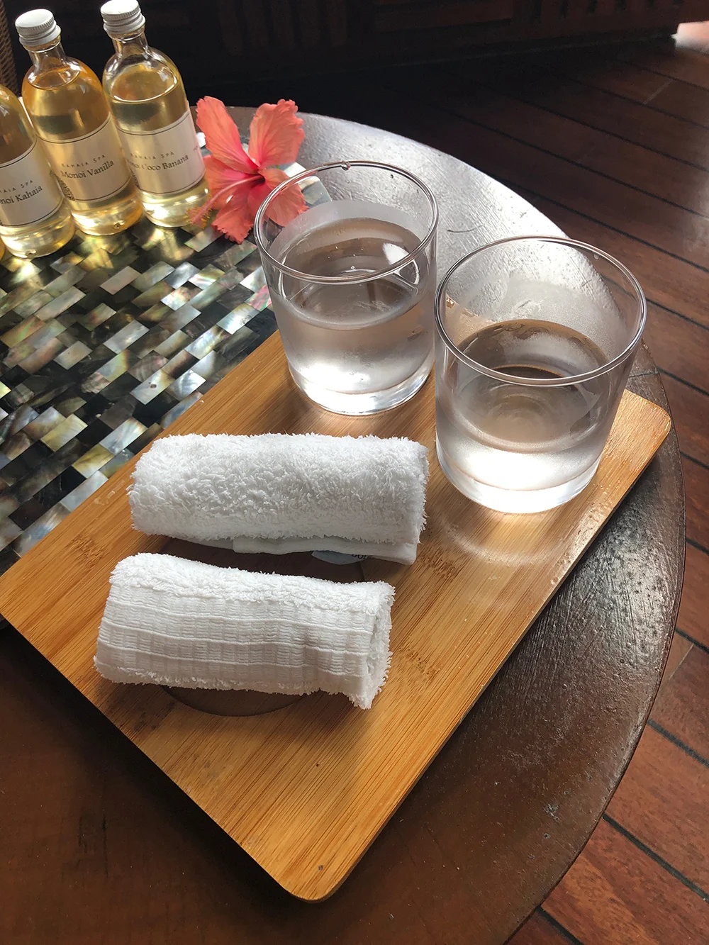 We were served fresh water with chilled towels.