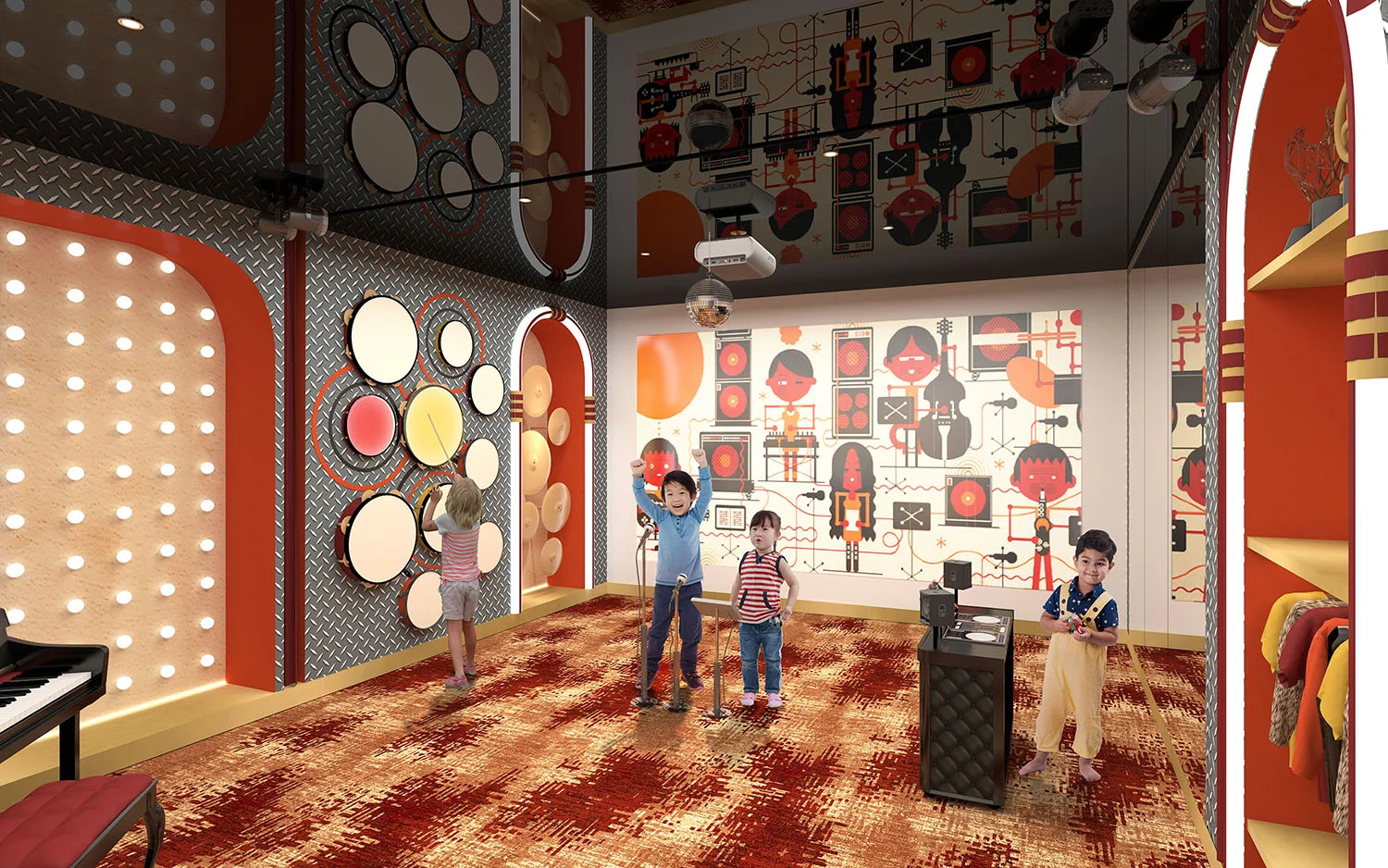 Interactive designed installations include Stage, a music studio for young performers.