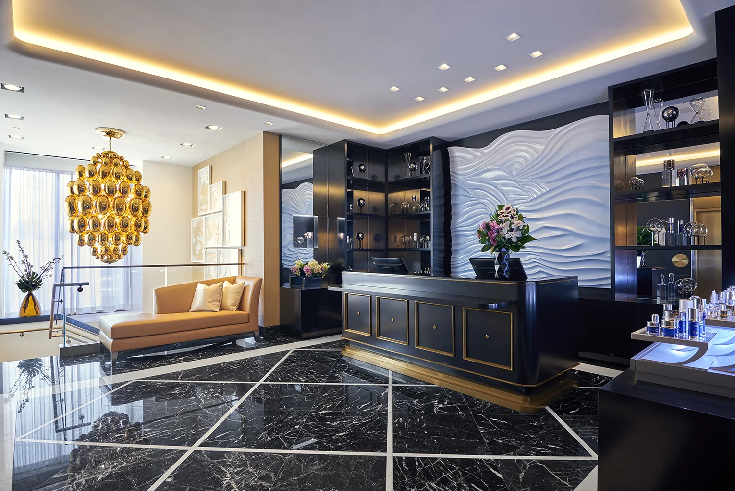 The reception area at La Prairie Spa at Waldorf Astoria Beverly Hills.