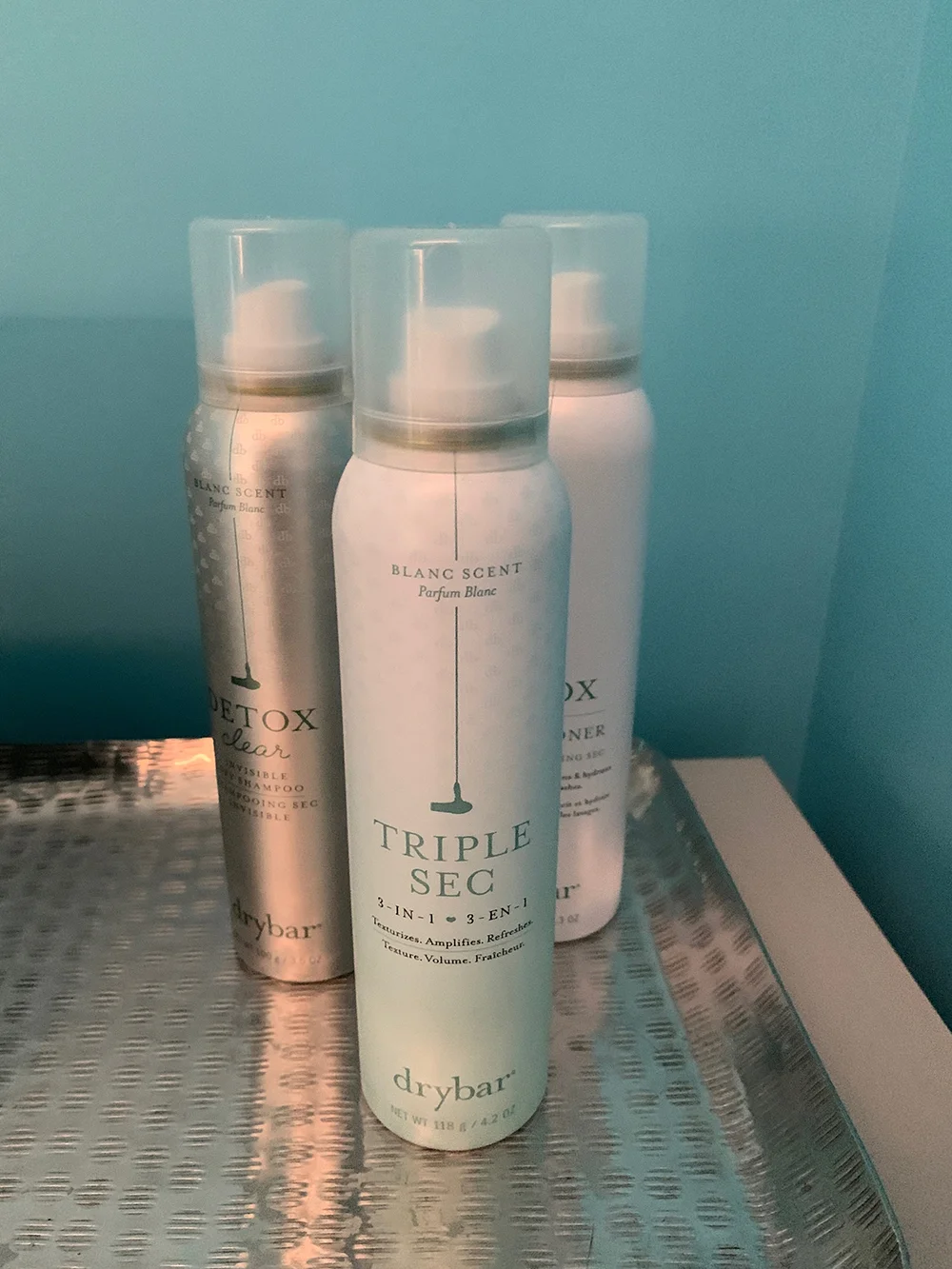 The bathroom has Drybar products for quick hair touch-ups.