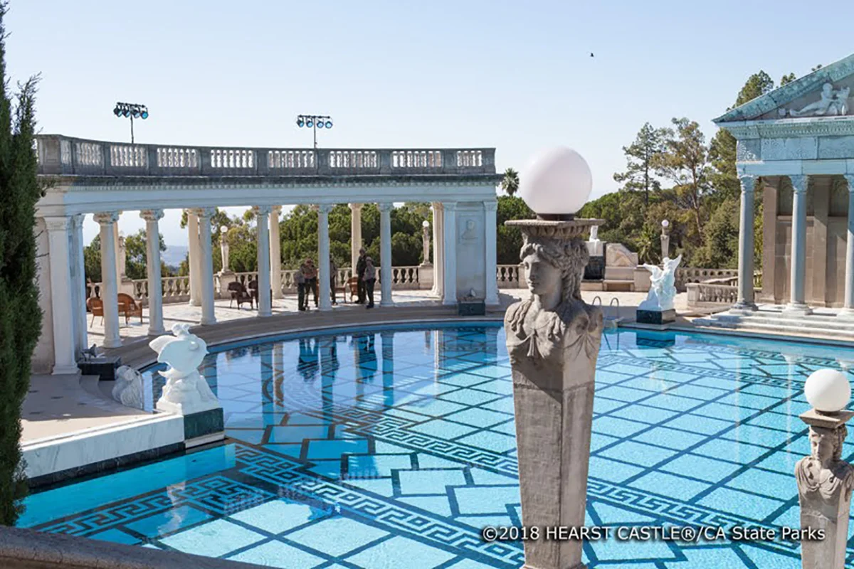 The Neptune Pool at Hearst Castle is 104 feet long, 58 feet wide, and 95 feet wide at the alcove.