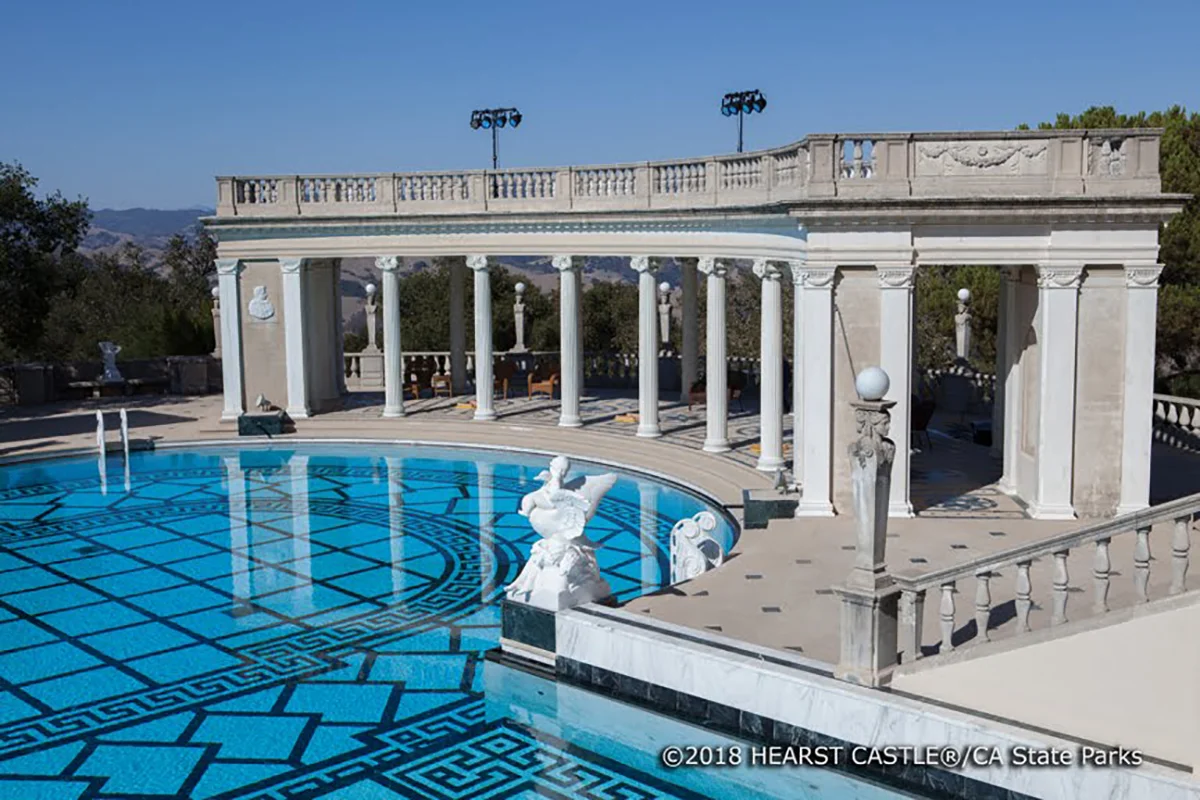 The Neptune Pool is 3.5 feet deep at the west end, 10 feet at the drains, and holds 345,000 gallons of water.