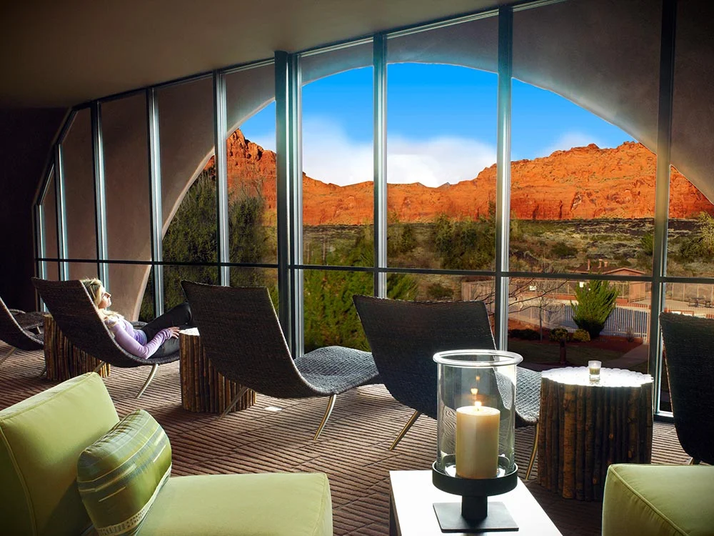 The view from the relaxation room at Sagestone Spa..