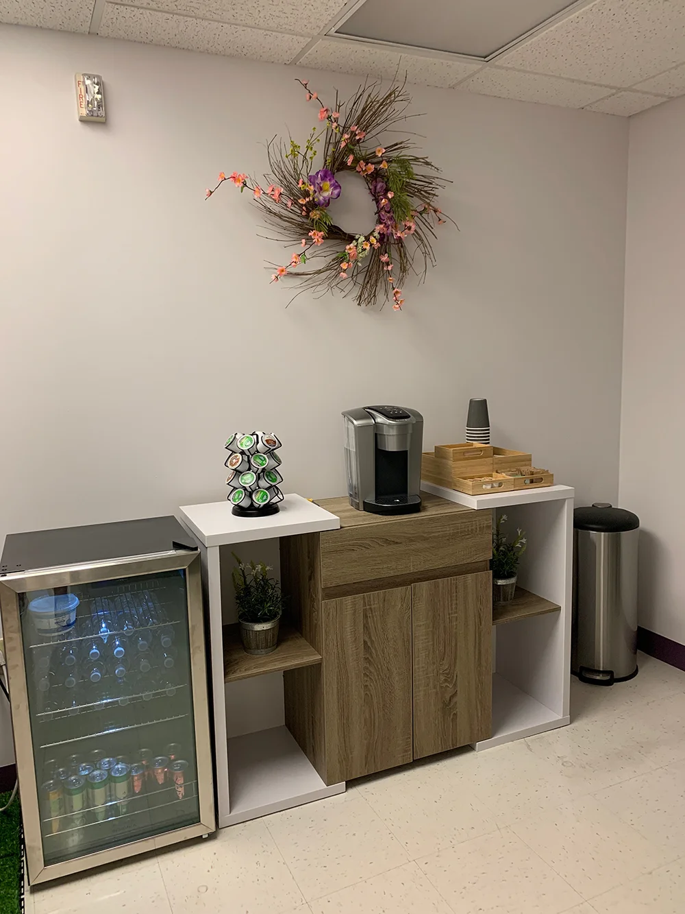 Refreshments include coffee, bottled water, and LaCroix.