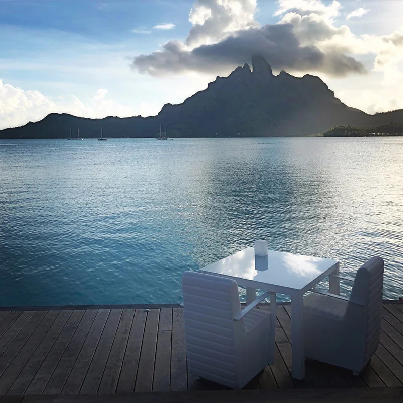 Guests of Lagoon can enjoy cocktails on the outside deck accompanied by stunning views of Mount Otemanu.