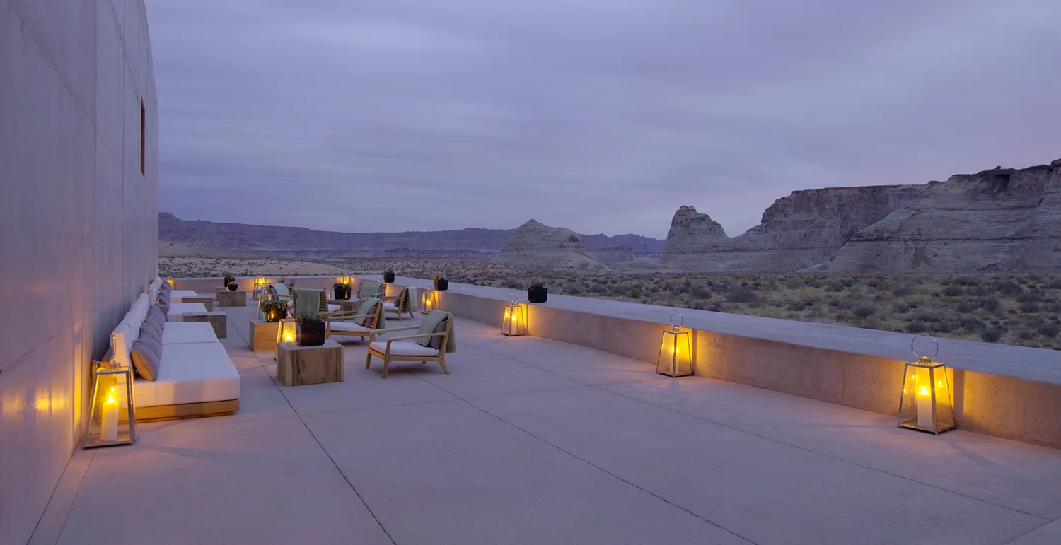 The outdoor Desert Lounge at dusk.
