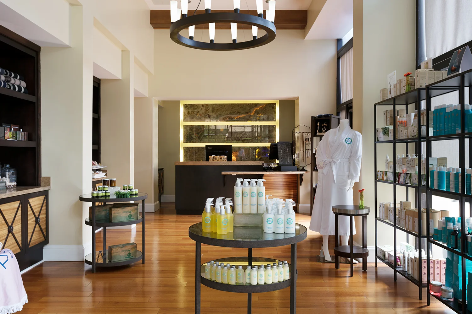 The spa’s check-in desk and retail boutique.
