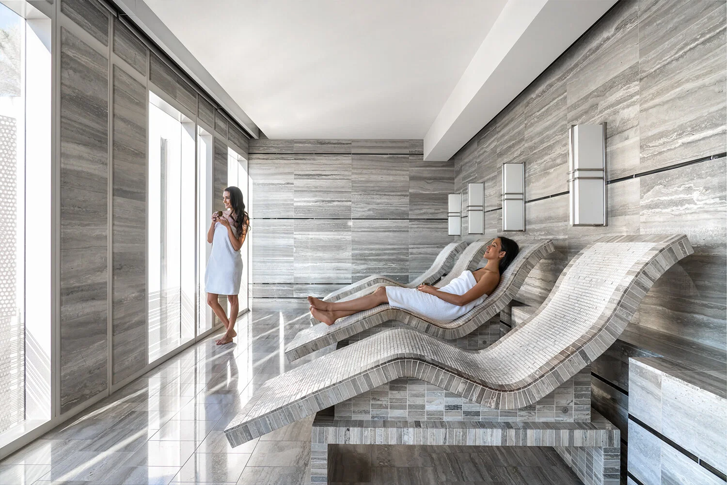 The spa’s relaxation spaces include Tepidarium lounges.