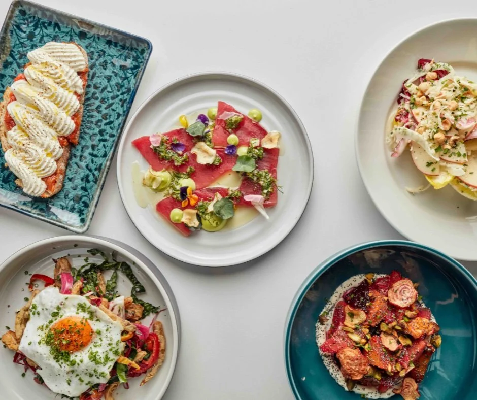 A variety of five dishes of food on a white surface, including a plate with raw fish, a dish with cooked meat and vegetables topped with a fried egg, a plate with pasta, and a plate with roasted vegetables and nuts.