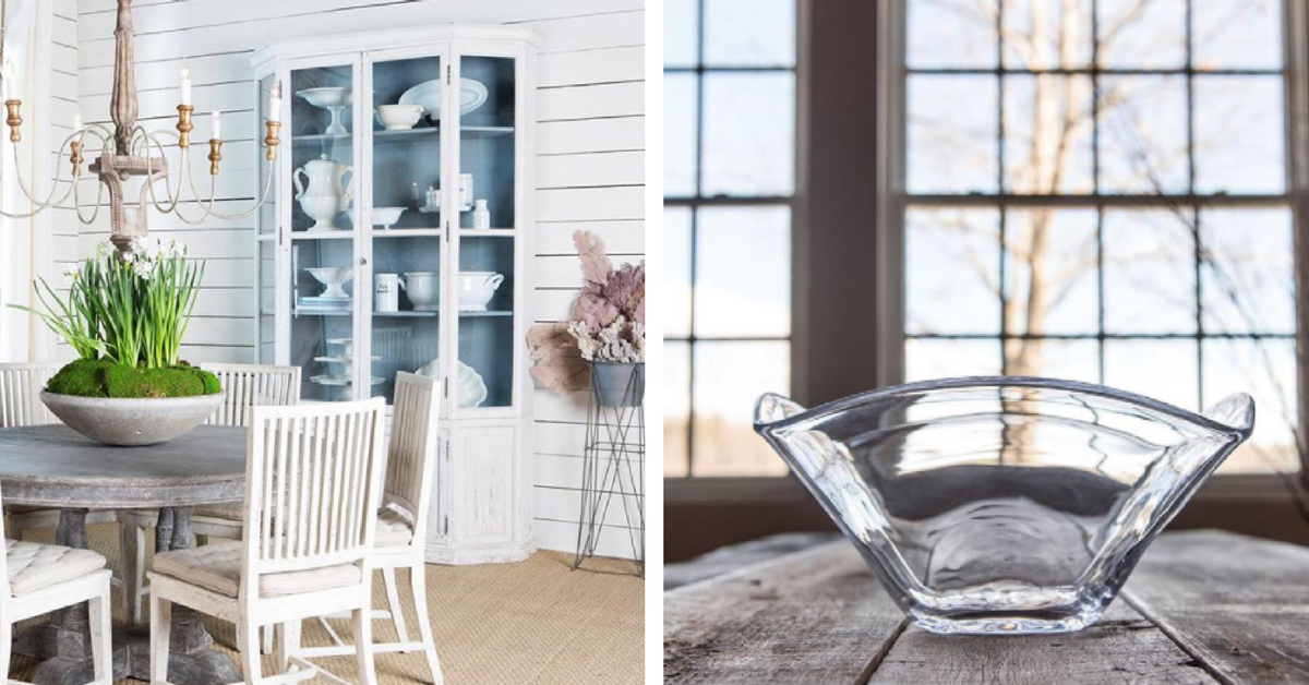 Farmhouse style rustic dining table and Simon Pearce bowl