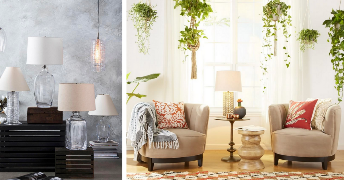 glassware lamps and warm room with hanging plants