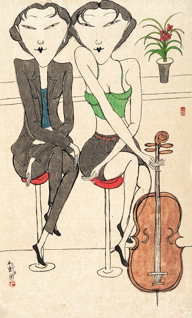 Violoncellist Ink Colour on Paper 76 × 48 cm 2013