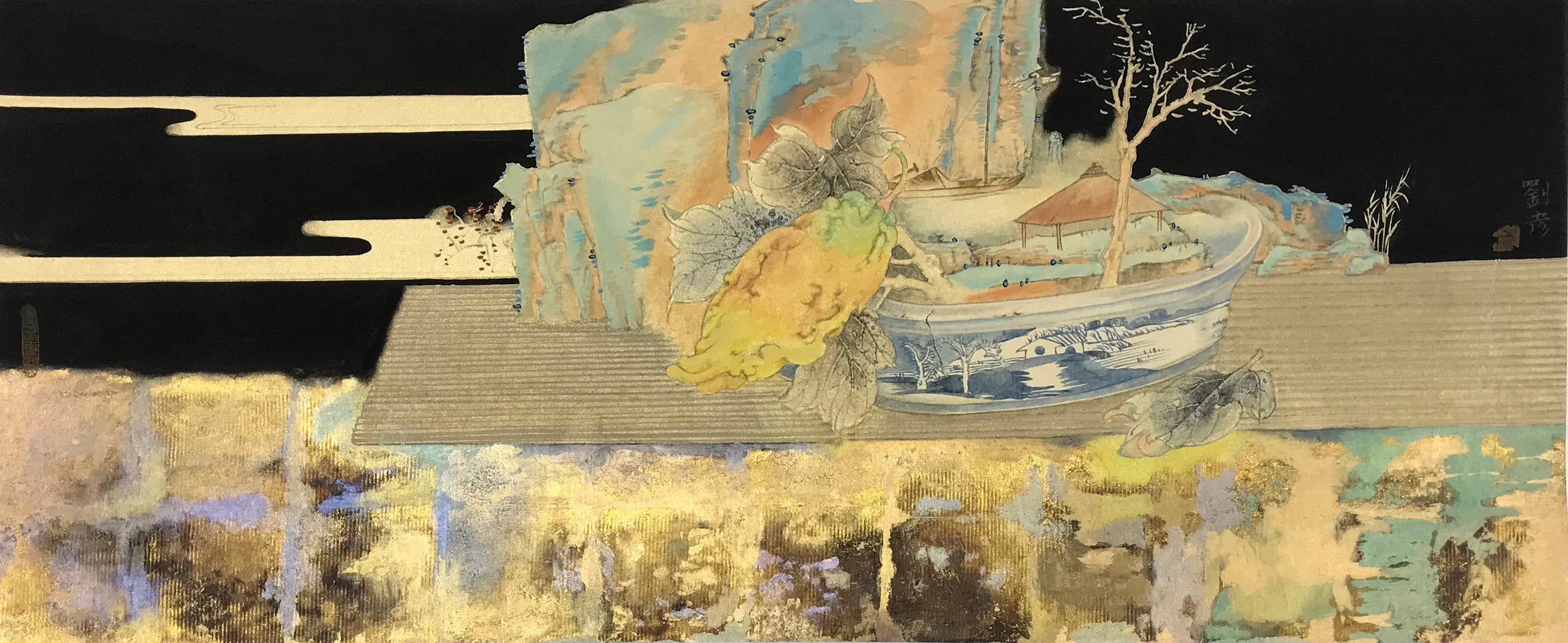 Buddha-Mind, Divine Landscape  Ink Colour, Gold Foil on Silk  28 × 64 cm  2016   Artwork Enquiry