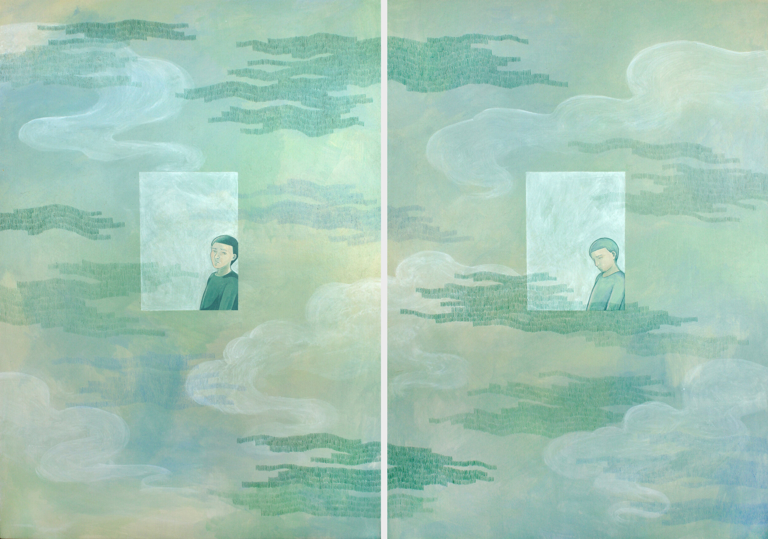 Landscape in the dream Acrylic and Colour Pencil on Wood 51 x 36 cm x 2 2019