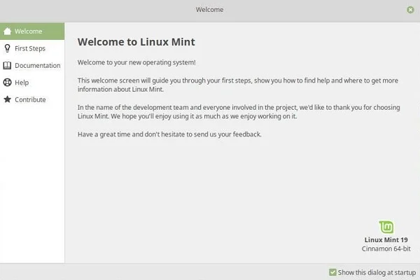 The Linux Mint welcome screen that is displayed each time you log in.