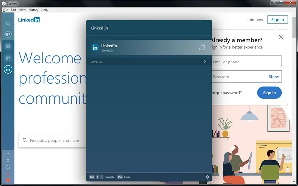 Screenshot of Station installed on one of our Windows computers. I was in the process of adding apps, with Trello already configured and Linked In in process. Adding apps is very quick and easy - one of our team members has over 25 apps installed.