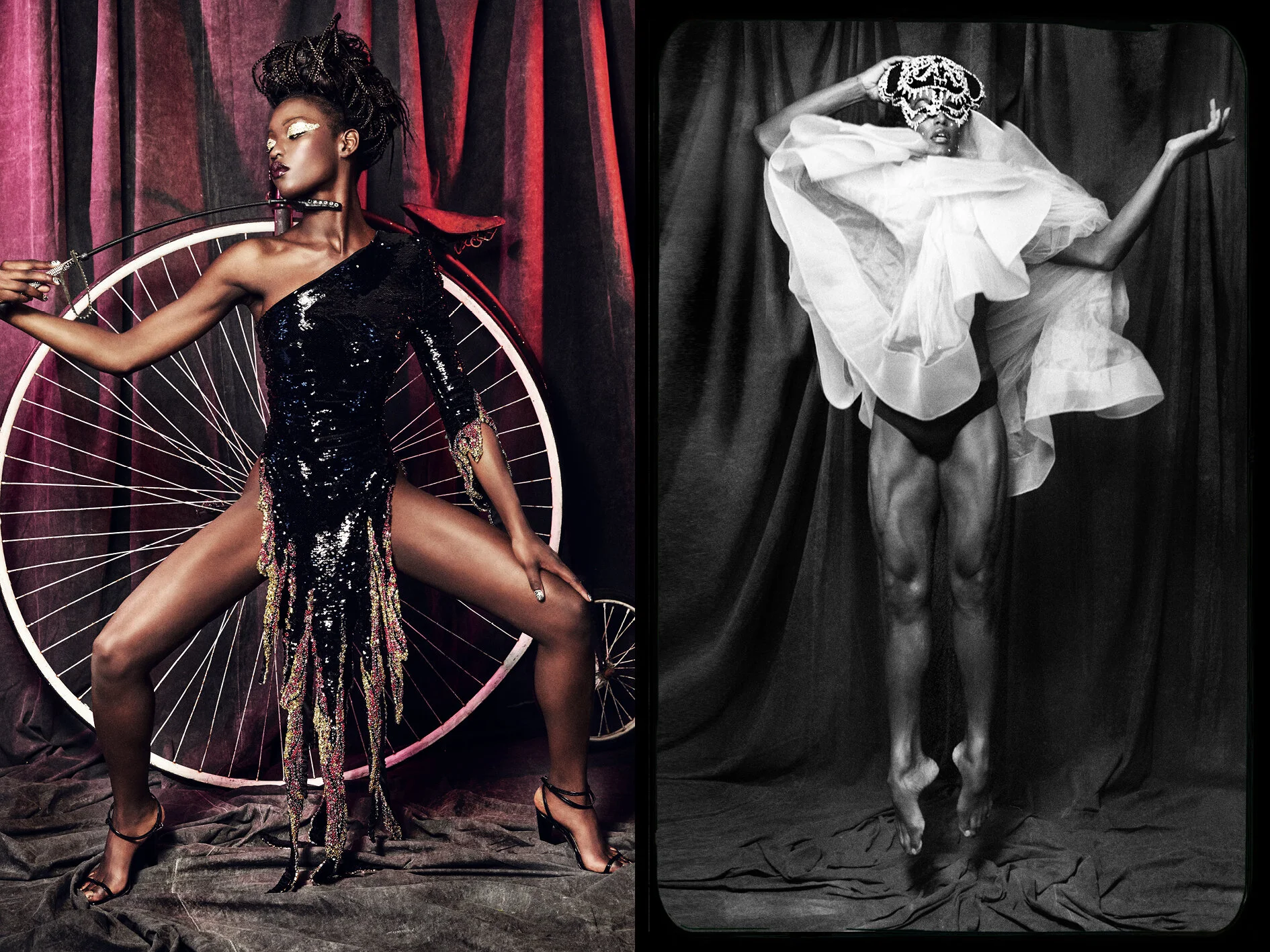  Left: dress  Alexandre Vauthier Couture.  Right: jewelry  on aura tout vu, &nbsp;poncho  Lacroix vintage.  