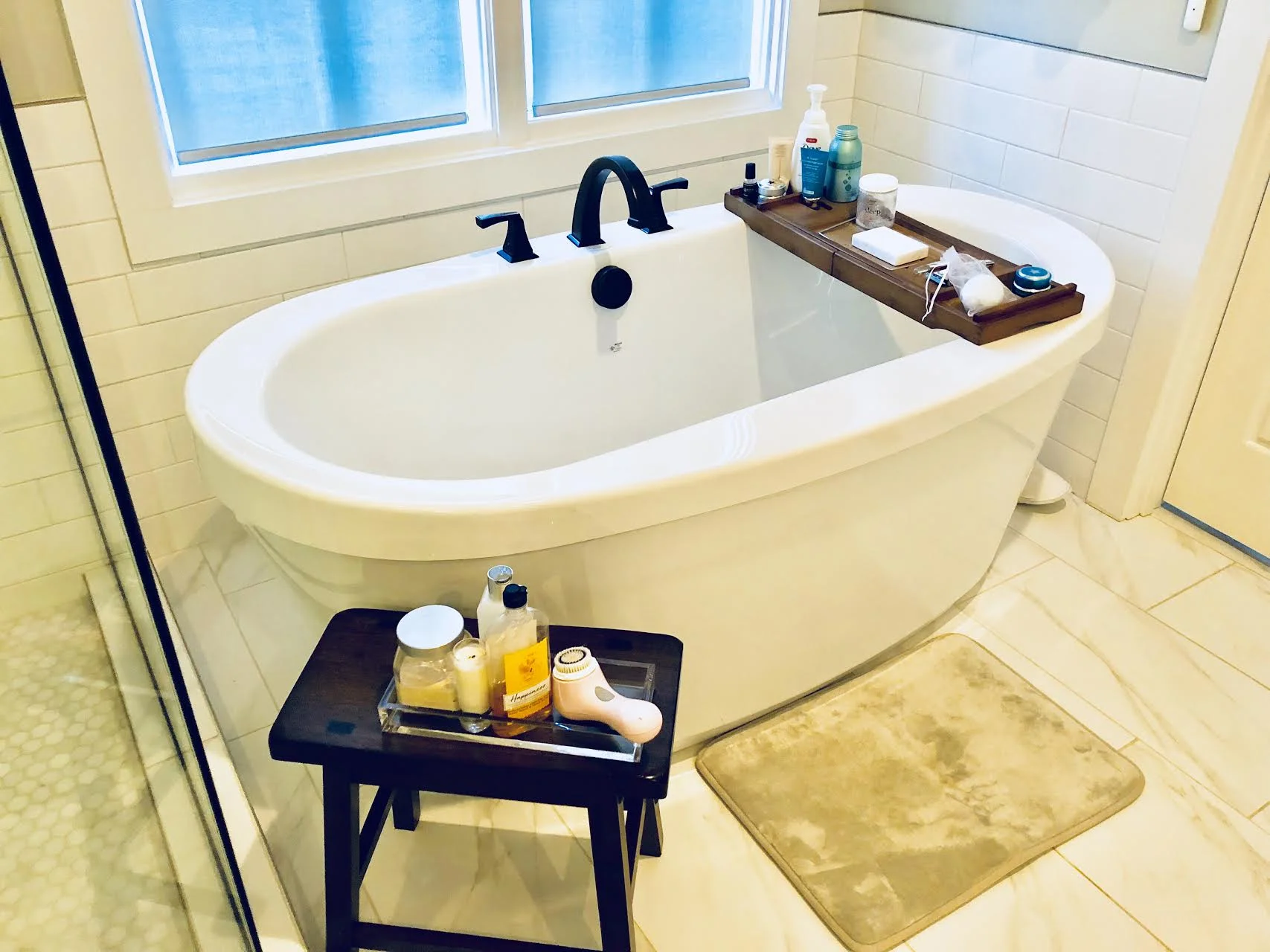 #SkinBabe Nikki Burdine's sanctuary - aka bath tub with some personal favorites: Sleep baths salts by the Mindful Zebra, Dr. Brandt Microdermabrasion, Charlotte Tilbury Goddess Skin mask, Molton Brown bath soak.