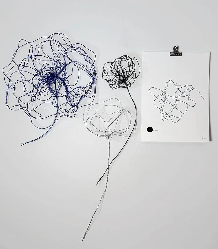 vägghängd trådkonst om man vill, referensbild teckning i bläck 30× 40 cm 