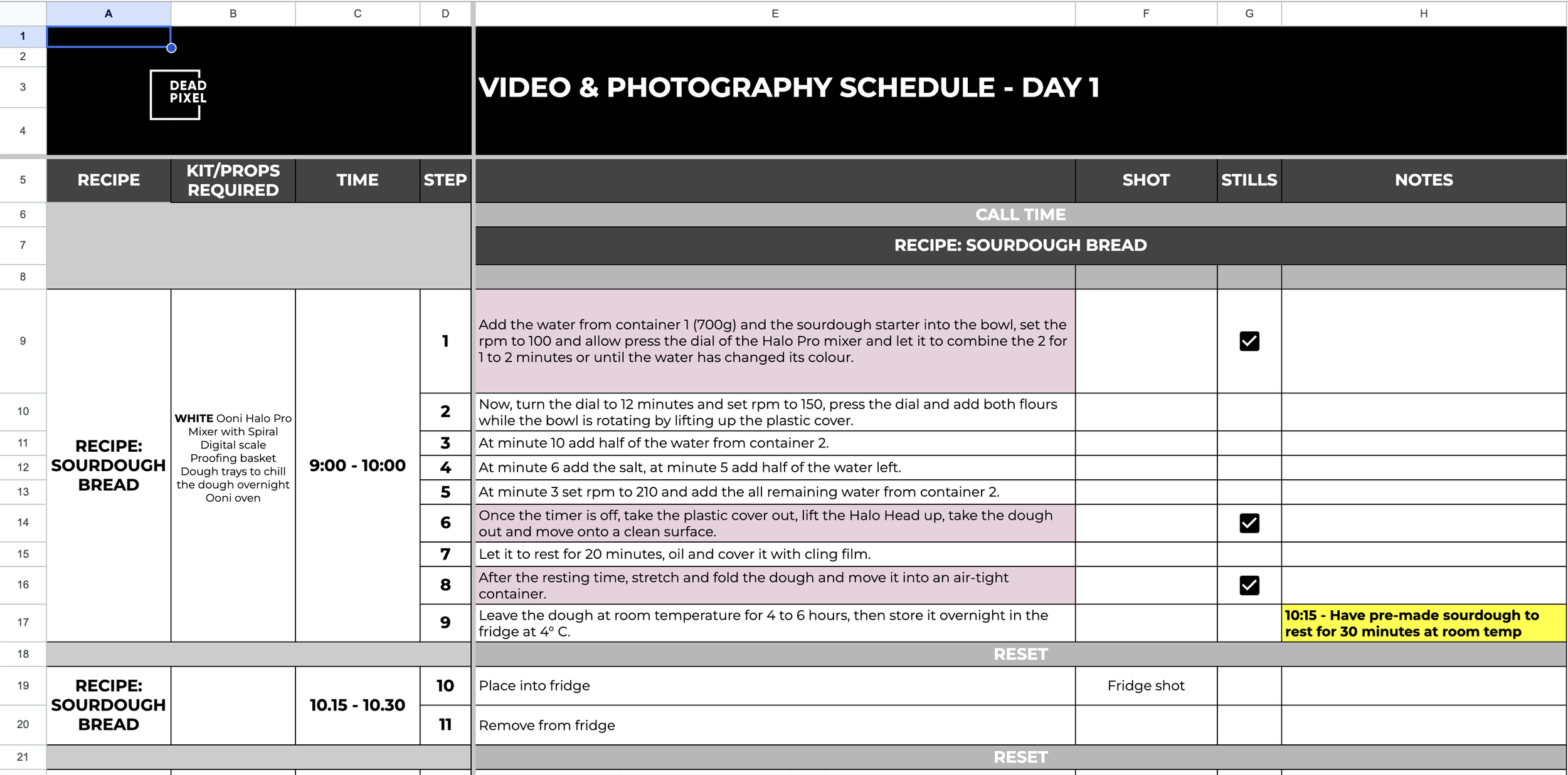 Spreadsheet with a video and photography schedule for day 1, including a sourdough bread recipe, steps, timings, notes, and checkboxes for completion. Highlights a note to pre-make sourdough at 10:15 for 30 minutes.