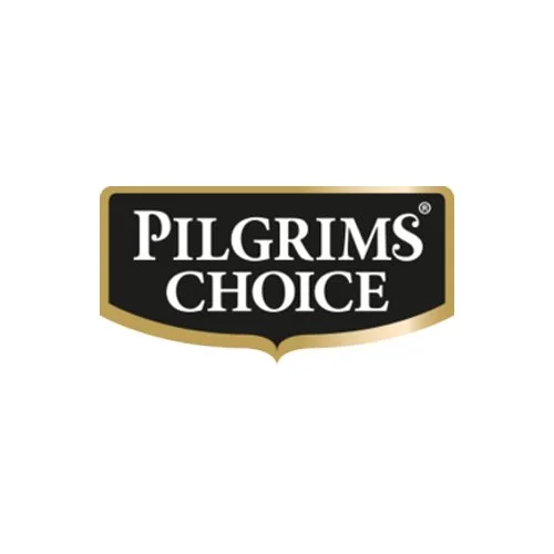 Pilgrim's Choice logo with black background and gold border.