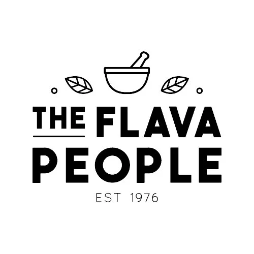Logo for The Flava People featuring a mortar and pestle, leaves, and text 'The Flava People' with 'Est 1976' beneath.