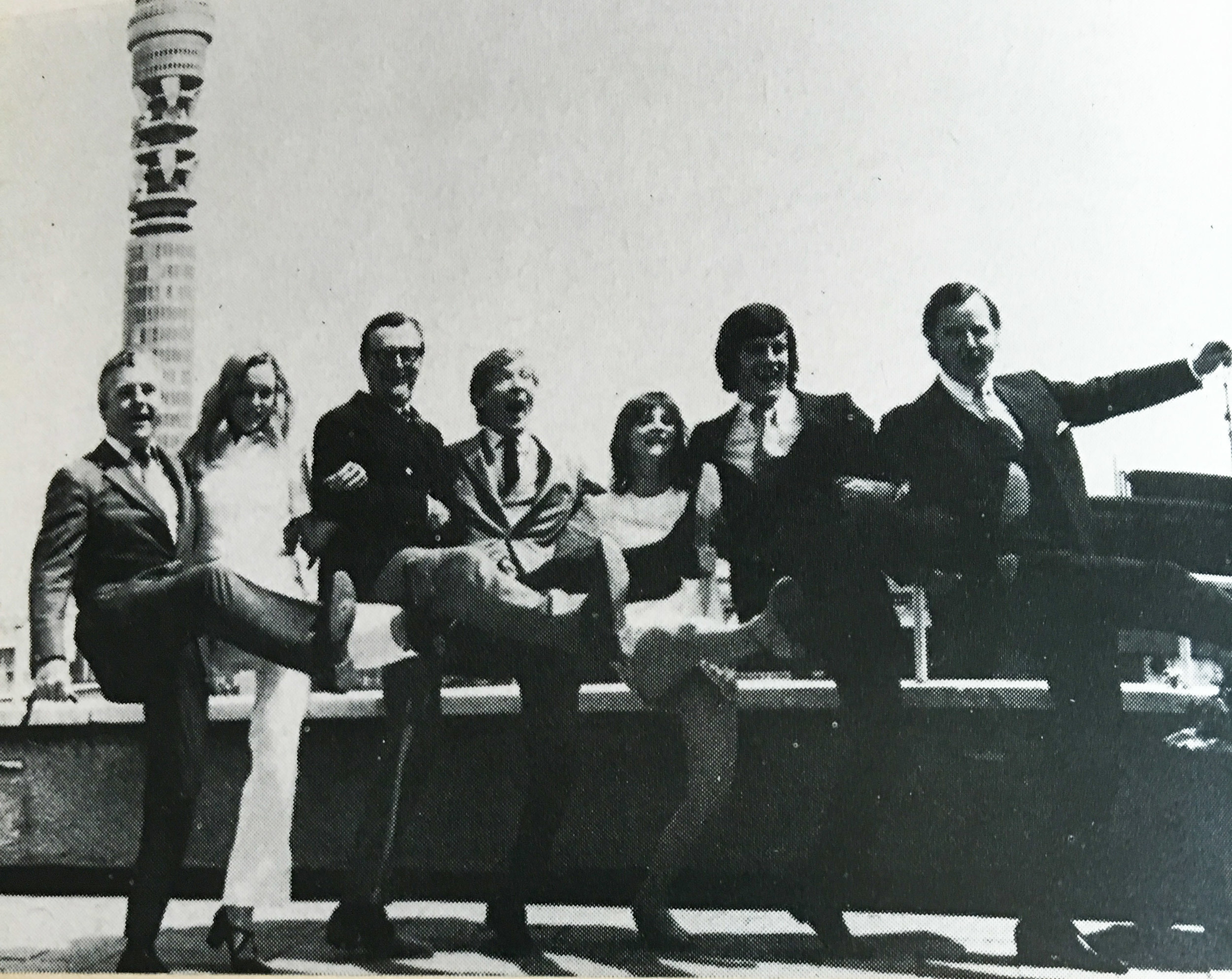 Kenneth More, Lisa Goddard, Cyril Fletcher, Kenneth Williams, Liz Gebhardt, Gyles Brandreth and Nicholas Parsons launching BBC Radio 4's summer season in 1971