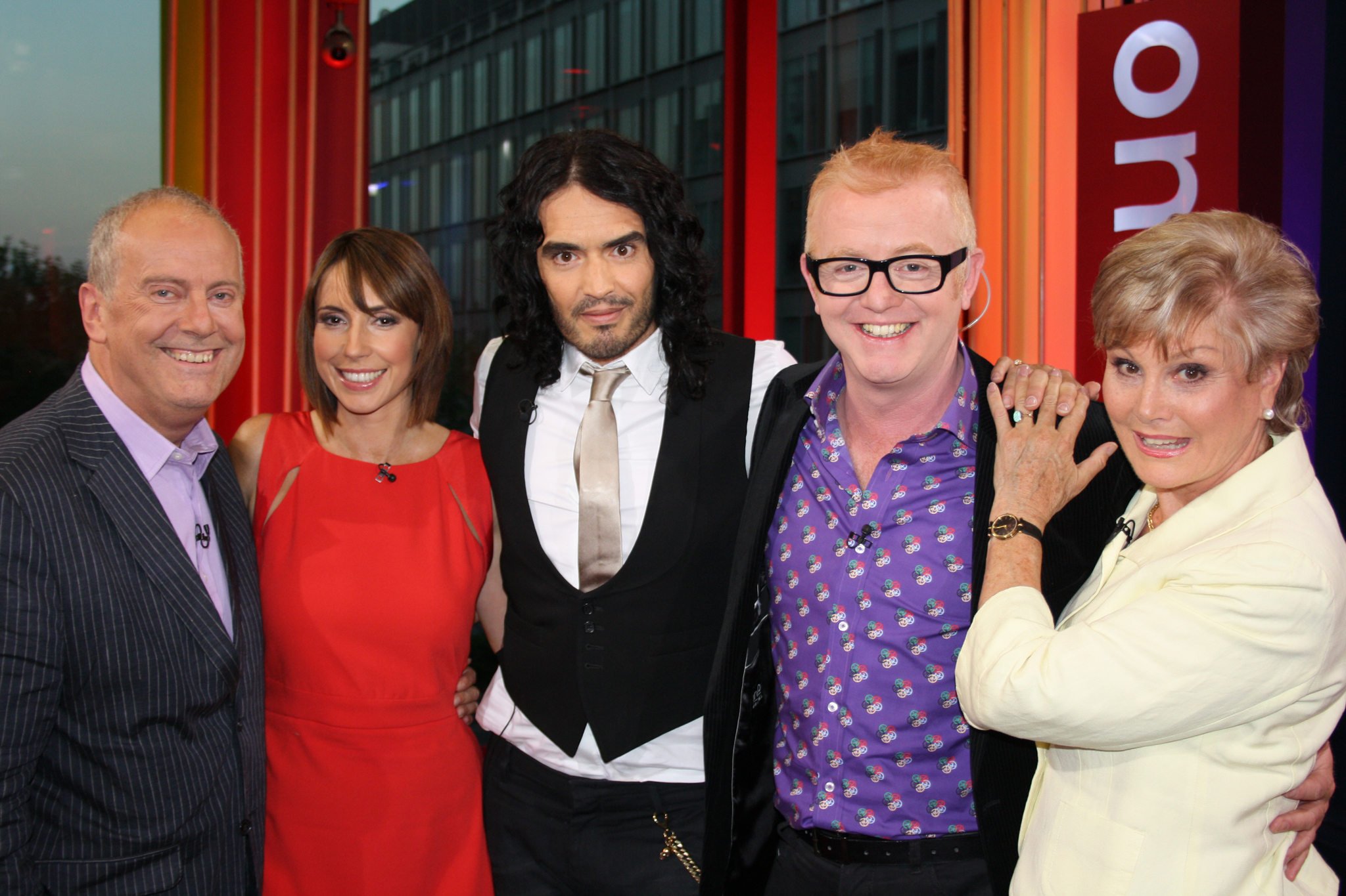 Gyles with Russell Brand, Alex Jones, Chris Evans and Angela Rippon on The One Show, April 2011