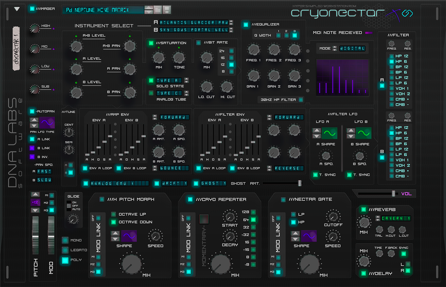 CRYONECTAR X HYPER SAMPLED WORKSTATION Cryonectar is a hyper-sampled wave based synthesizer/rompler with creative new effects such as the x pitch morph, cryo repeater, and nectar gate which promise to surprise the end user with creative new ways of sound modulation. Status: Currently In the Mockup creation stage. Colors may be changed. Knobs may be added or moved. Features may be added or removed.