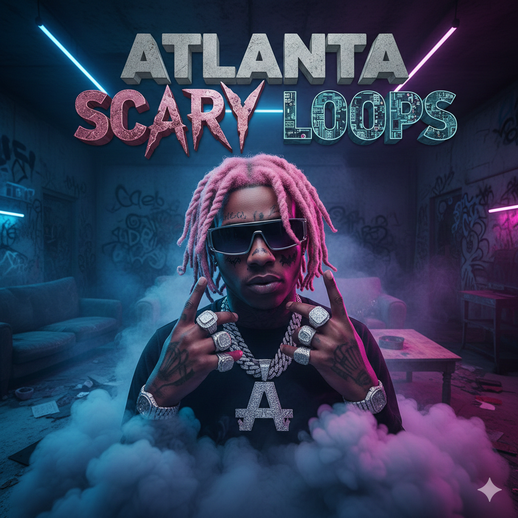 A person with pink dreadlocks wearing dark sunglasses and multiple pieces of jewelry, including a large 'A' necklace, in a graffiti-covered room with neon lighting and smoke. The text 'Atlanta Scary Loops' is displayed above.