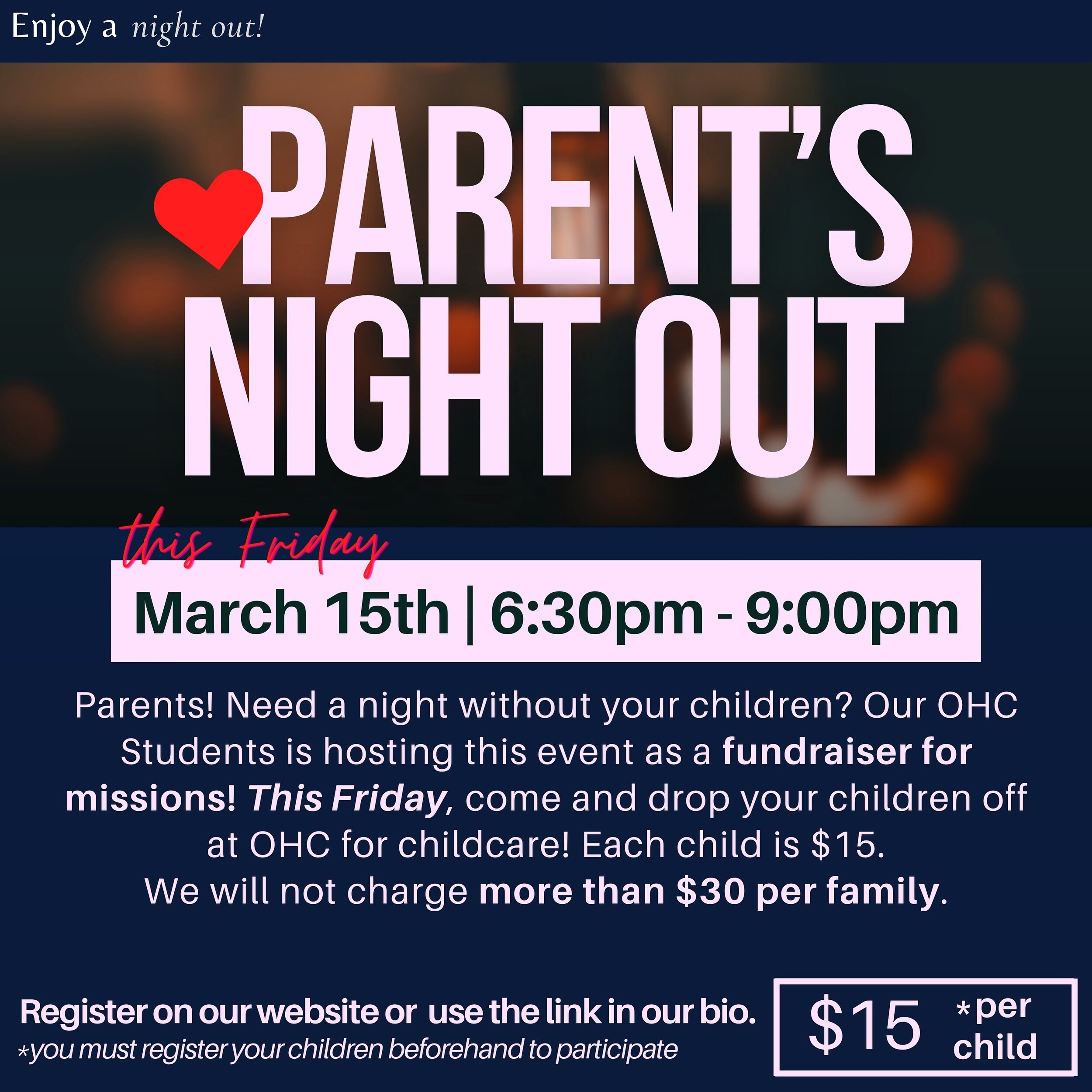 Our OHC Students are hosting PARENTS NIGHT OUT as a fundraiser for missions! Help support the cause and register your children beforehand by clicking the link in our bio or going to our website. 

It&rsquo;s not too late to register your children tod