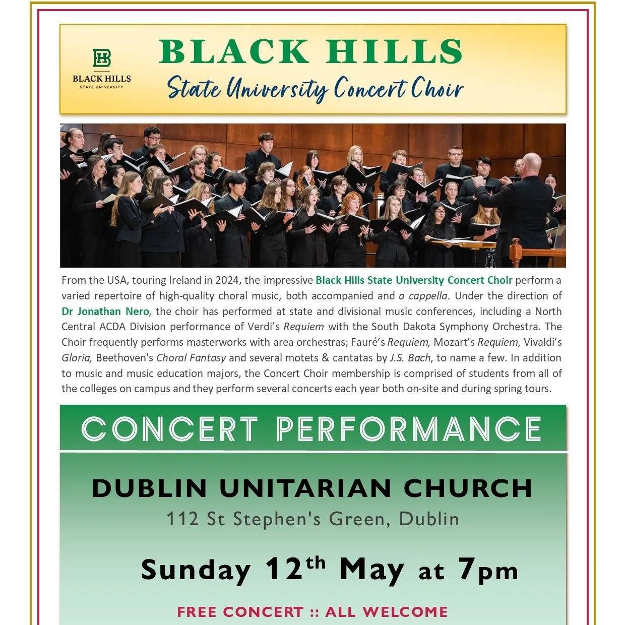 We are so looking forward to joining the Black Hills State University Concert Choir for a concert performance in Dublin's Unitarian Church at 7pm on Sunday 12th May. 

Entry is free and all are welcome!

. . .

#thingstodoindublin #visitdublin #disco