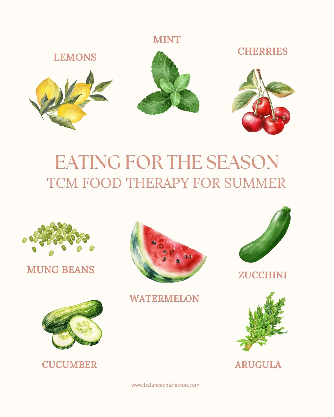 🌿 8 Foods to nourish you this summer TCM Inspired go keep you cool and balanced.

🍉Watermelon 
Juicy and refreshing, watermelon is considered a top summer food in TCM. It helps cool the body, supports hydration, and gently clears internal heat&mdas