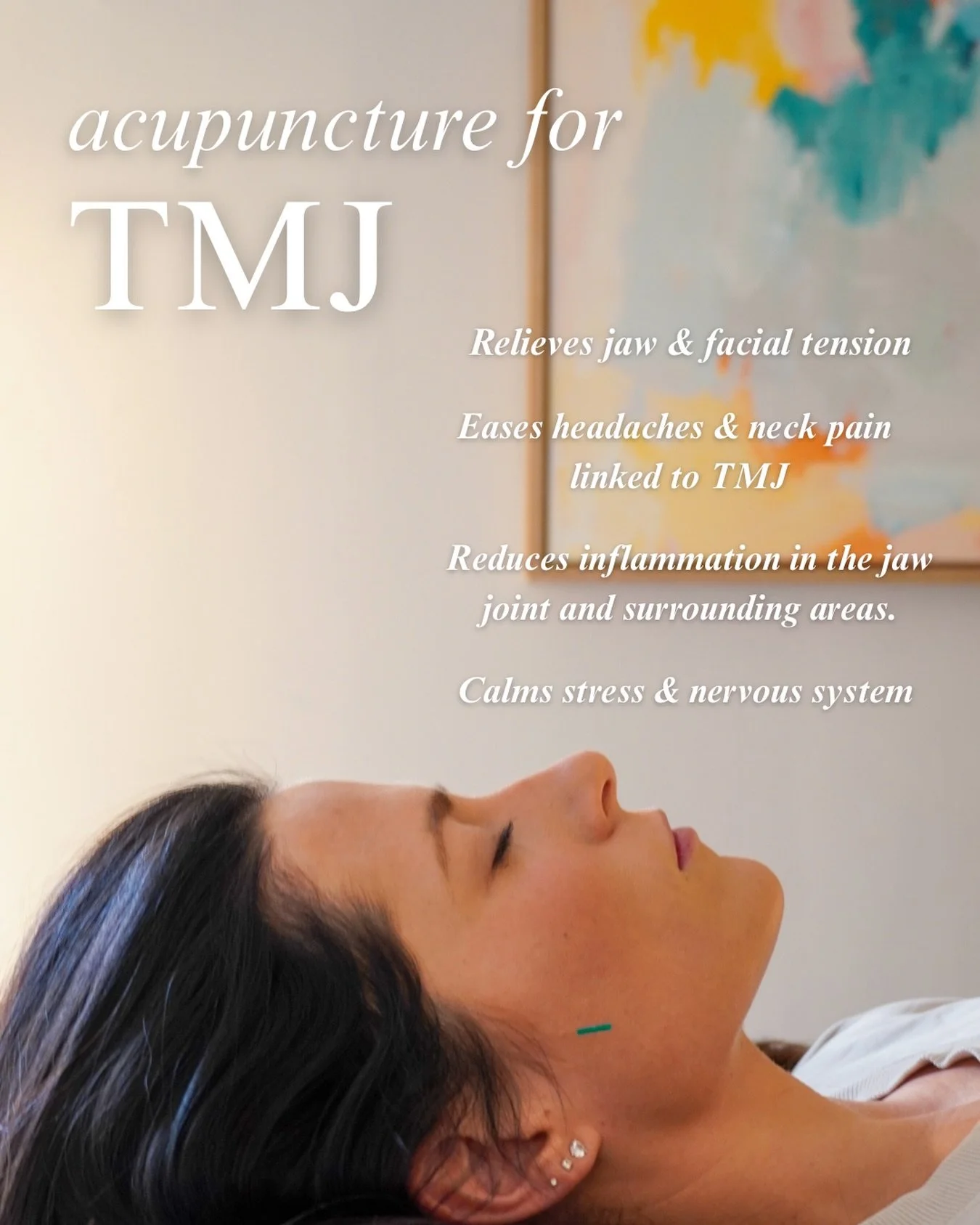 TMJ relief, naturally ✨ TMJ dysfunction often involves muscle tension, inflammation, stress, and nervous system imbalance not just the jaw itself.

Acupuncture can help by:
&bull; Relaxing tight jaw and facial muscles to reduce clenching and tension
