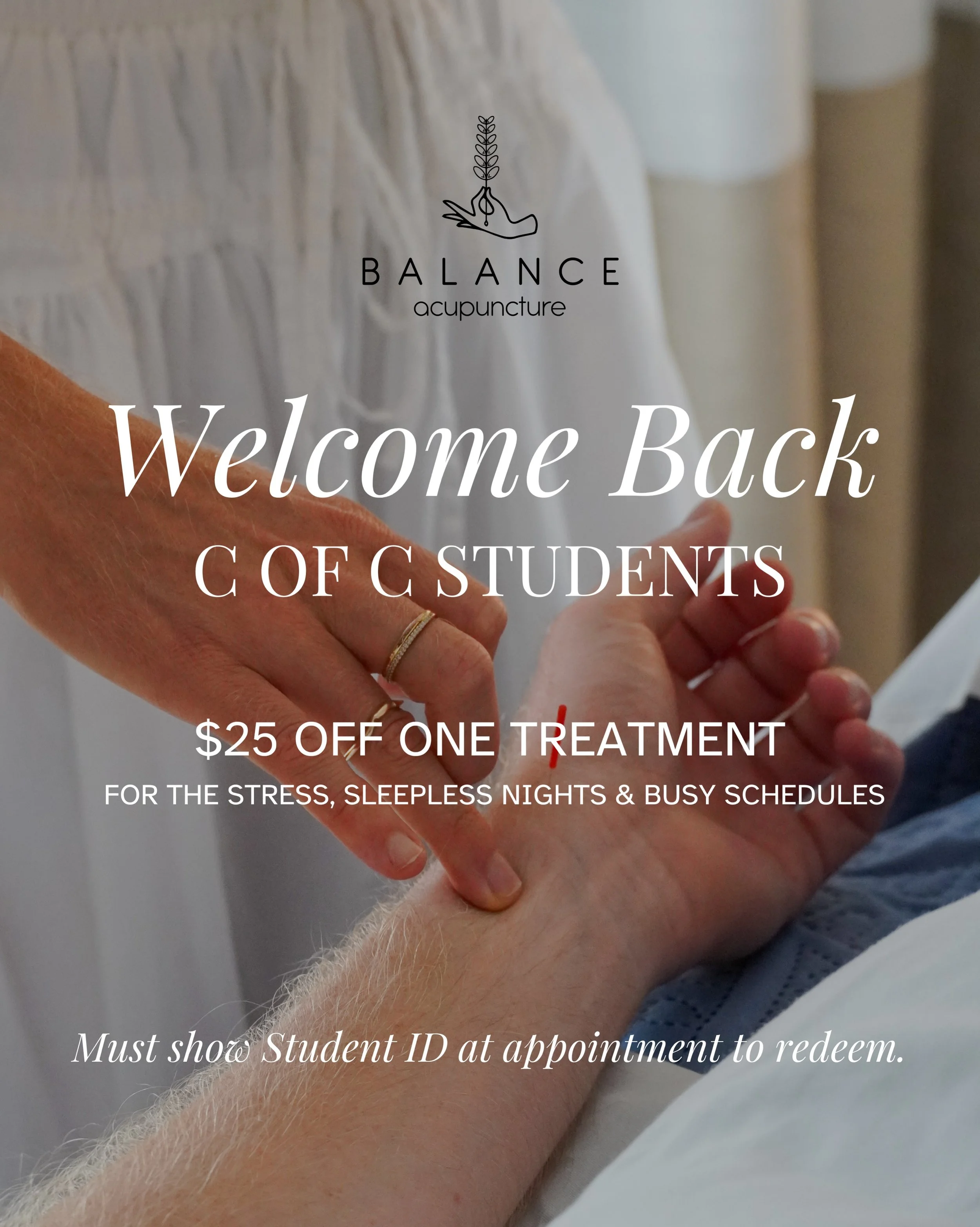 Welcome back, College of Charleston! 📚✨ A new semester means new schedules, new routines&hellip; and sometimes a little extra stress.

To help you ease back into it, we&rsquo;re offering $25 acupuncture treatments for CofC students through the end o