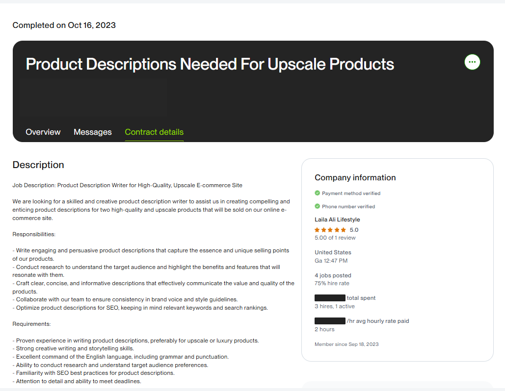 Contract “Product Descriptions Needed For Upscale Products” · completed Oct 16, 2023