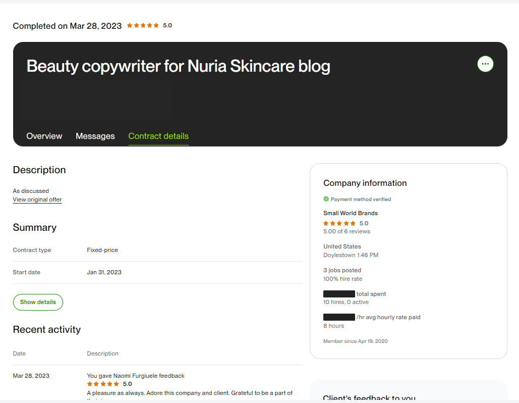 Contract for the Nuria Skincare blog · Jan 31 – Mar 28, 2023