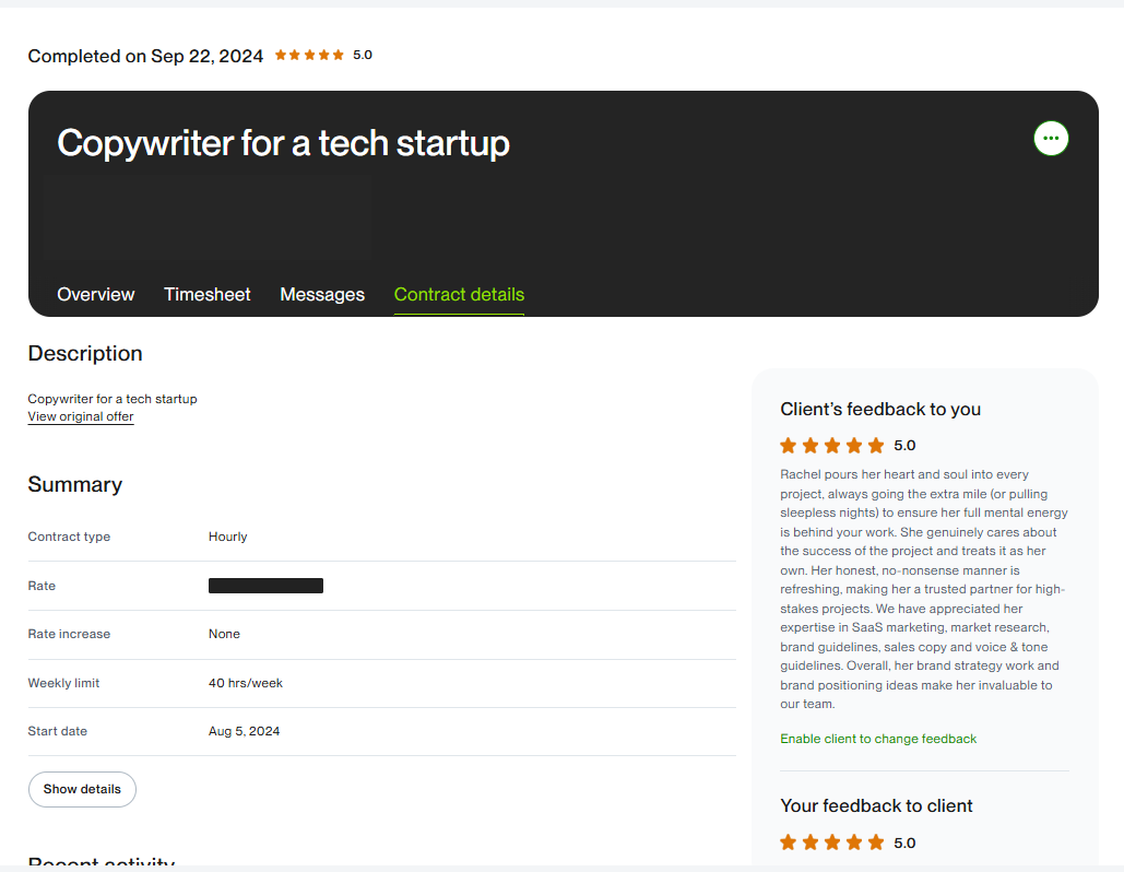 Contract “Copywriter for a tech startup” · completed Sep 22, 2024