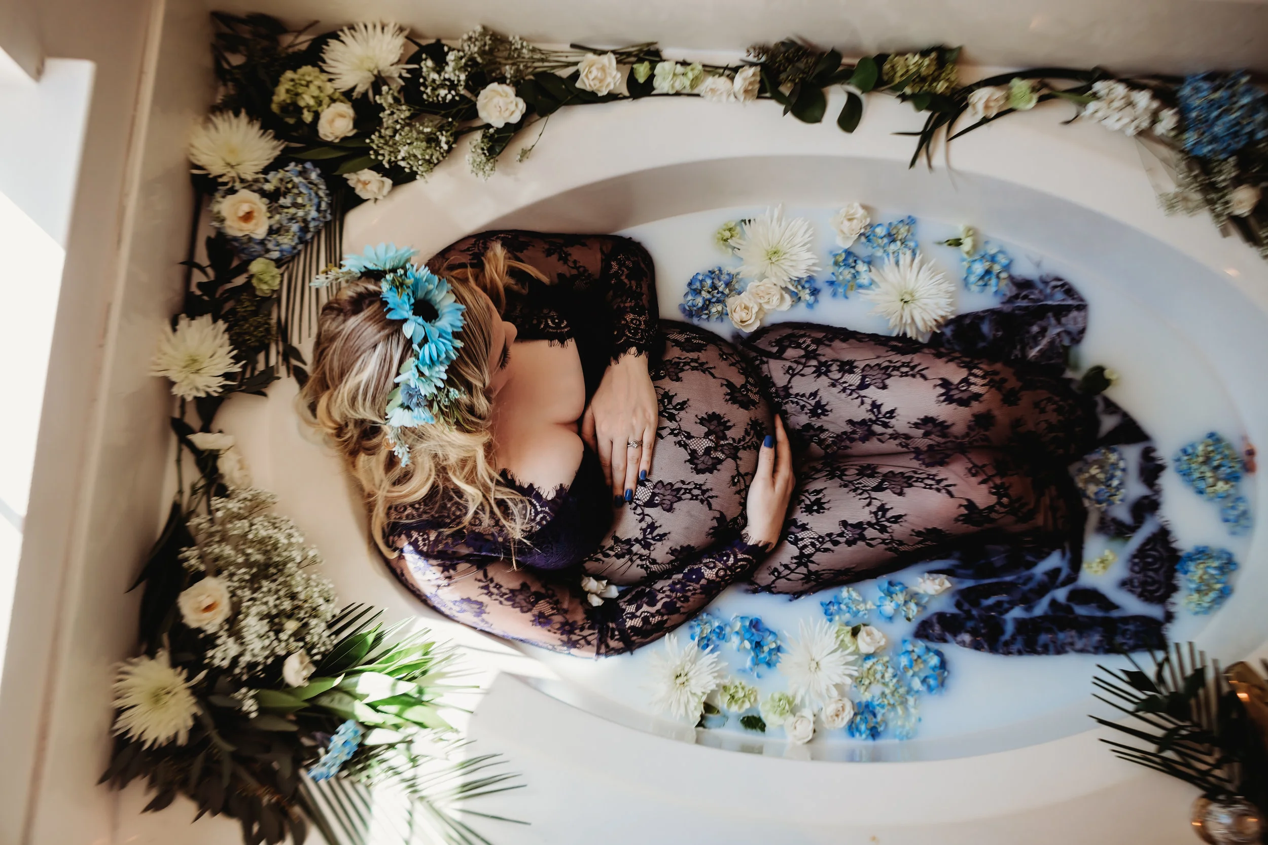 Blue dress from our Client Closet & gorgeous blue flowers for her baby boy!