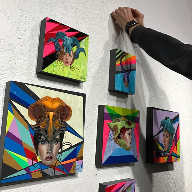 @parkerart beginning to hang the original ten #kaleidoskull collaborative works by @montymontgomery and @tony_philippou at @redefinearts in @orlando . The first @kaleidoskullart exhibition opened this past March and  the duo is currently working on n