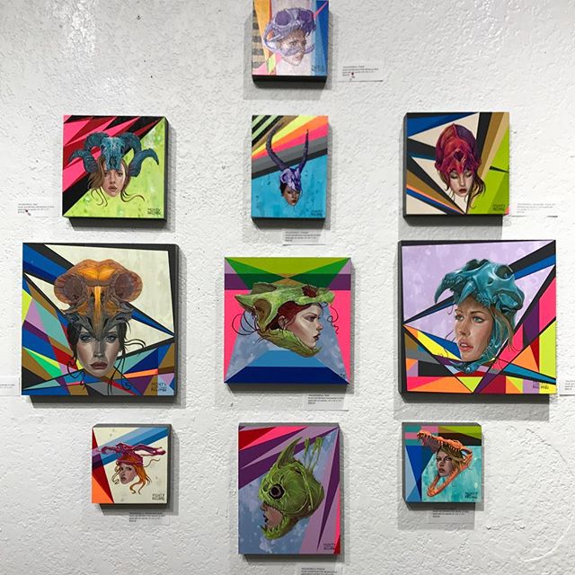 Center wall view of the collaborative works by @montymontgomery and @tony_philippou from the #kaleidoskull exhibition at @redefinearts in March 2017. New  pieces are currently being created for an upcoming exhibition in 2019. www.kaleidoskullart.com 