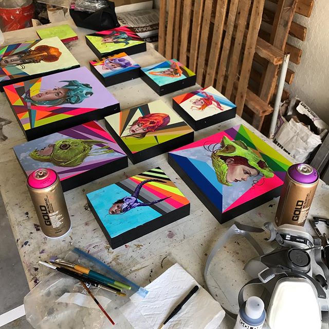 Catching the final strokes on the original ten #kaleidoskull collaborative works by @montymontgomery and @tony_philippou in his @orlando studio.  The first @kaleidoskullart exhibition opened this past March at @redefinearts and the duo is currently w